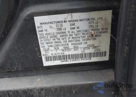 2005 Nissan Altima 3.5 Se from USA, damaged, VIN 1N4BL11D65C341938